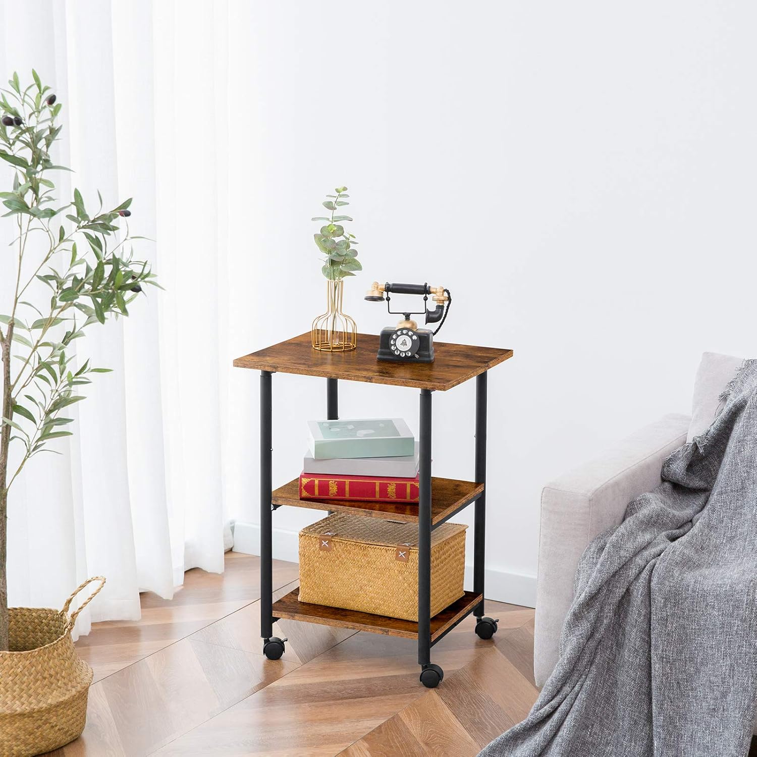 HOOBRO Mobile Printer Stand, 3-Tier Printer Cart with Storage Shelf, Height Adjustable Machine Cart on Wheels, Projector Cart, Industrial Style in Office, Home Office, Rustic Brown BF03PS01: Electronics