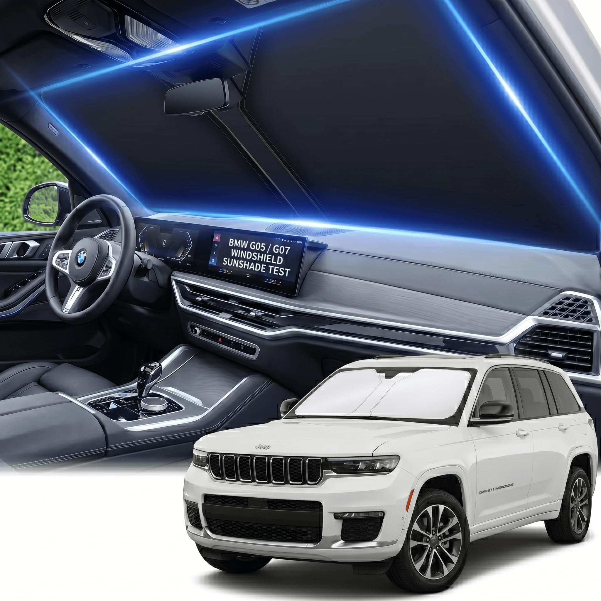 for 2014-2024 2025 2026 Jeep Grand Cherokee Windshield Sun Shade - Front Window Shade Custom Fit Grand Cherokee Accessories Sun Visor Foldable Shade Blocks UV Rays