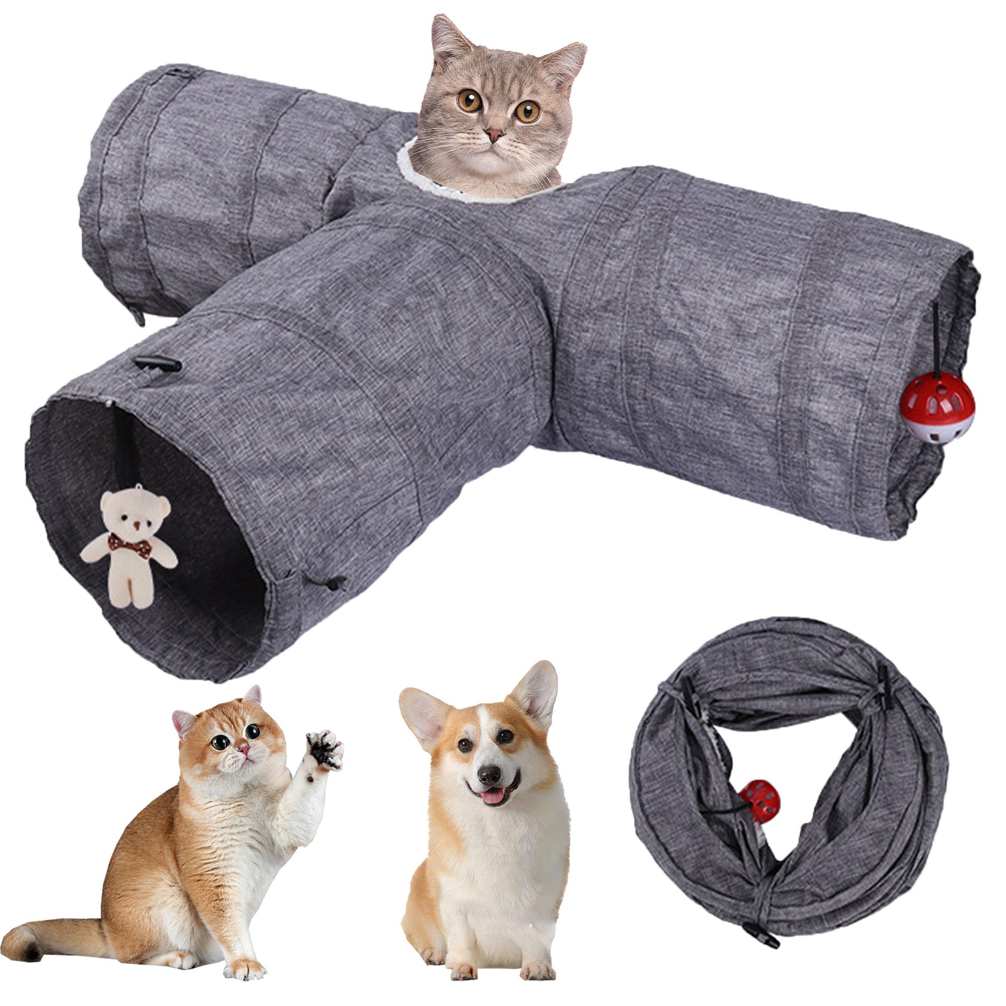 MZSX 3 Way Collapsible Cat Tunnel Toy, Cat Tunnel Toy, Collapsible Cat Playhouse Pet Play Tunnel Tube, Suede Crinkle Cat Tube Tunnel, Suitability Puppy, Rabbits, Indoor and Outdoor Use