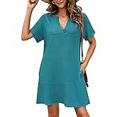 AI'MAGE Women's Cover Up Short Sleeve Bathing Suit Cover Ups V Neck Beach Coverup Dress with Pockets