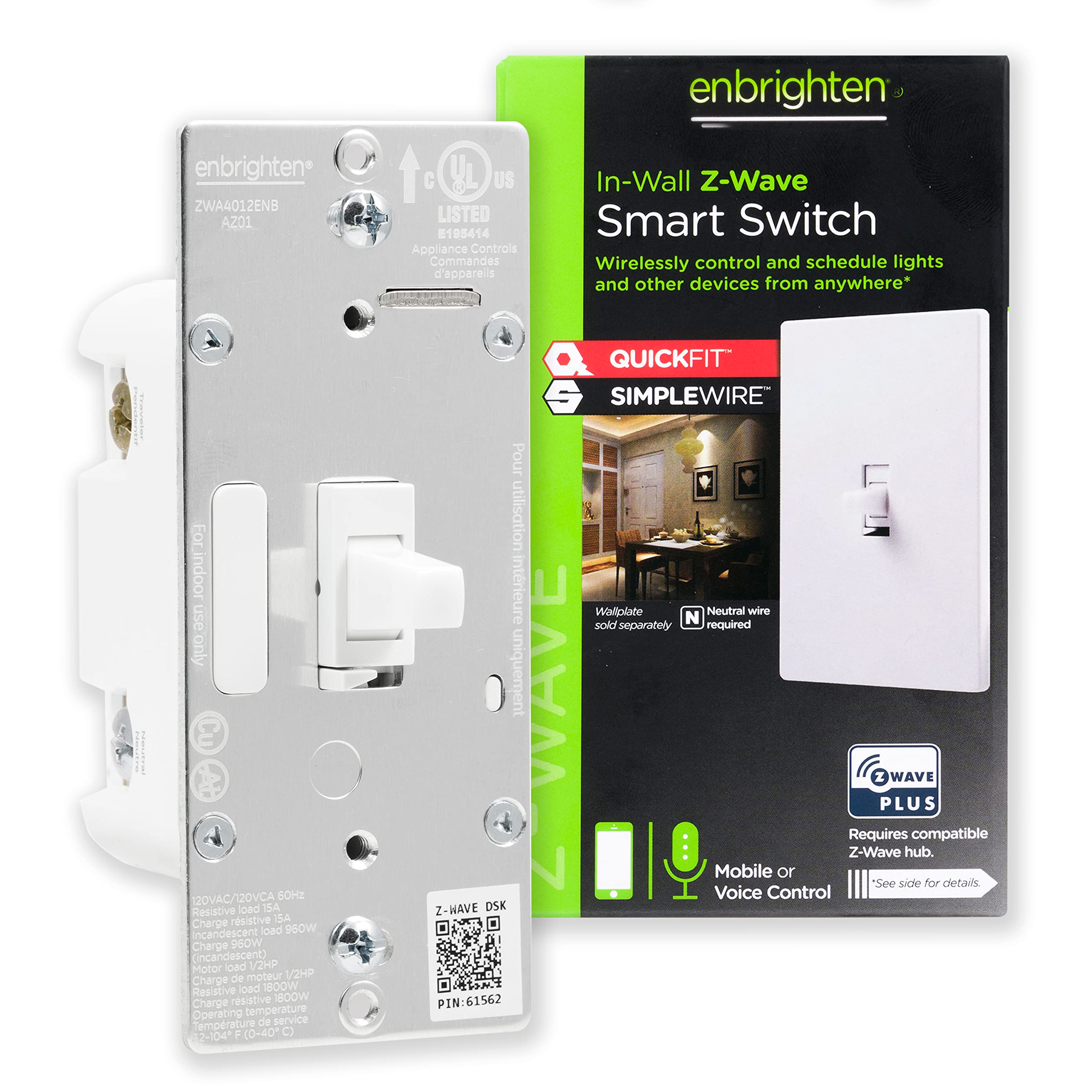 Photo 1 of Enbrighten Z-Wave In-Wall Smart Light Switch with QuickFit and SimpleWire, White Toggle, Works with Google Assistant, Alexa, & SmartThings, Z-Wave Hub Required, Smart Home, 700 Series, 58436