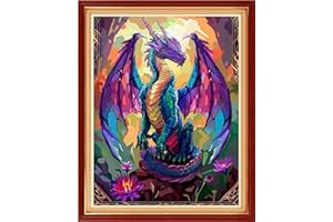 Foxhool Stamped Cross Stitch Kits,11CT Printed Cross Stitch Pattern Full Embroidery Kits for Beginner Needlepoint Kits-Colorful Dragon Flowers 16x20 inch