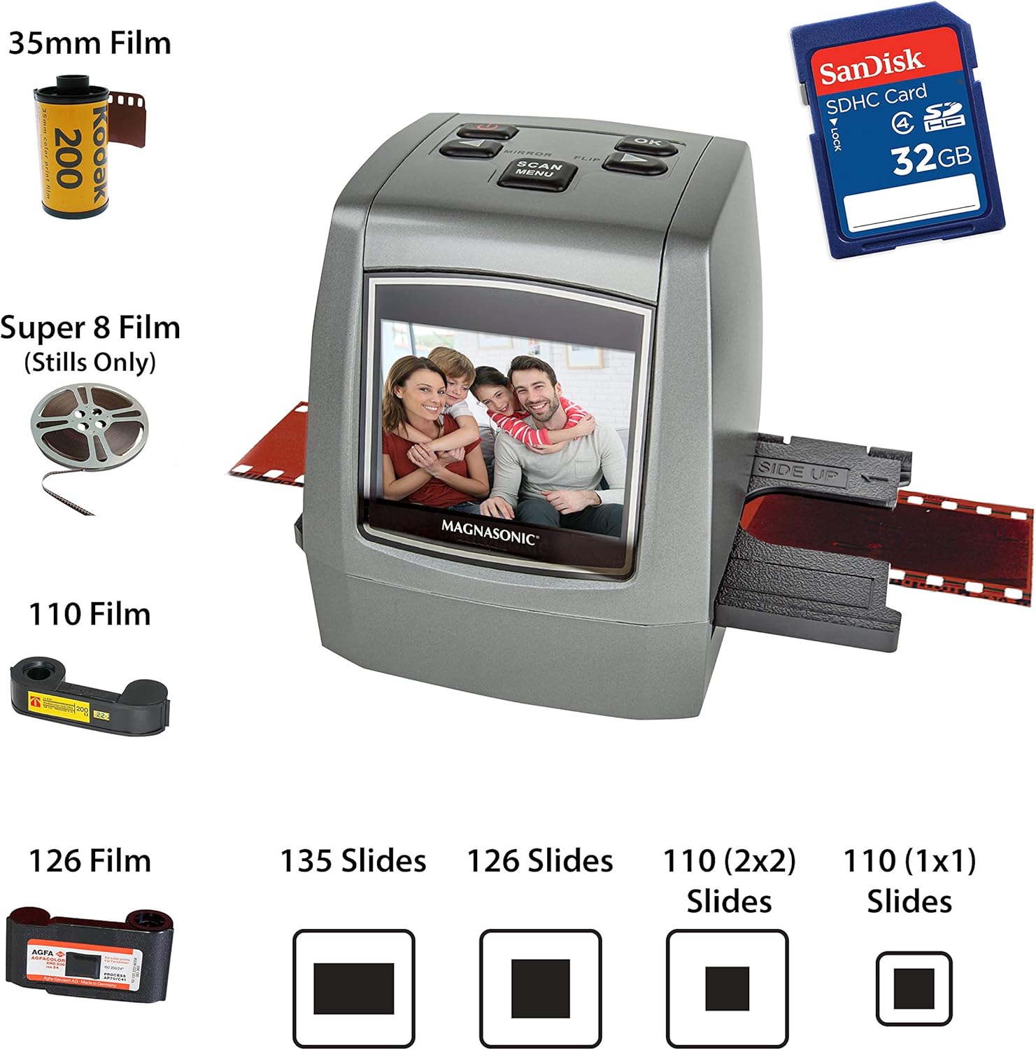 Magnasonic All-in-One High Resolution 22MP Film Scanner, Converts 35mm/126KPK/110/Super 8 Films, Slides, Negatives into Digital Photos, Vibrant 2.4" LCD Screen, Impressive 128MB Built-in Memory: Office Products