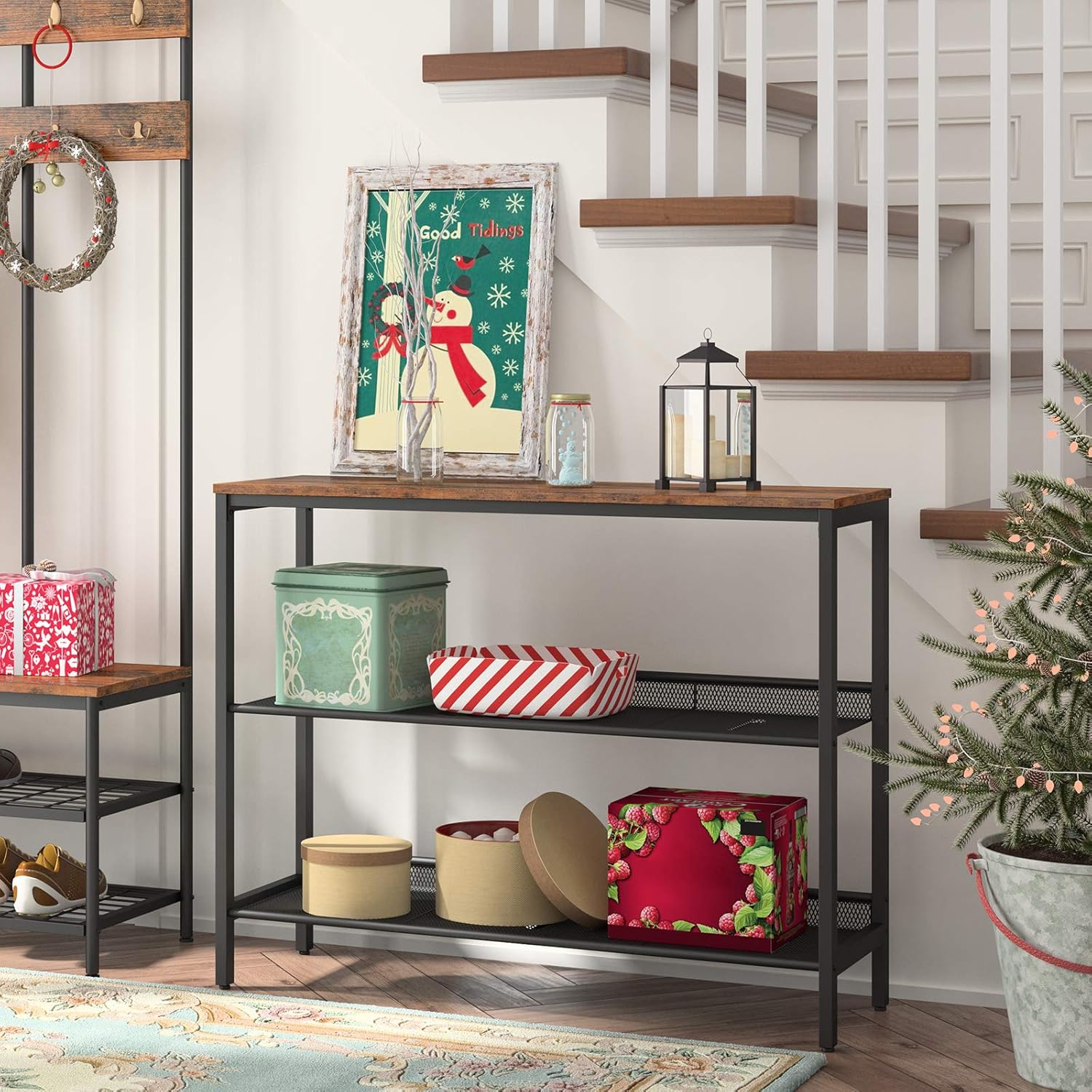 HOOBRO Console Table, Sofa Table with 2 Flat or Slant Adjustable Mesh Shelves, Hallway Table and Sideboard in Entryway, Living Room Corridor, Easy Assembly, Industrial, Rustic Brown and Black BF01XG01: Kitchen & Dining