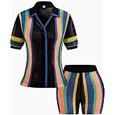 SEGT Women's 2 Piece Sexy Short Sets Knit Hollow Out Outfits V Neck Color Block Short Sleeve Button Down Shirt and Shorts Set