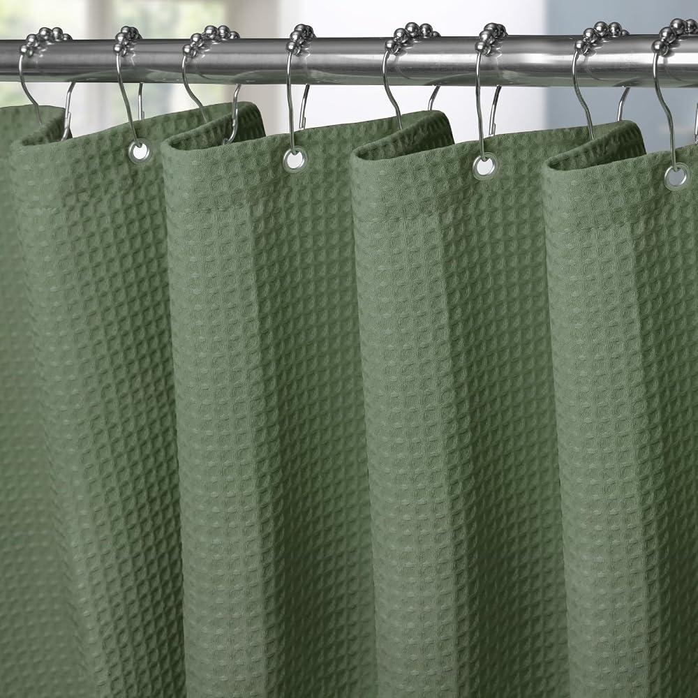 Shower Curtain 182x198cm Green with Metal Hooks Waffle Fabric
