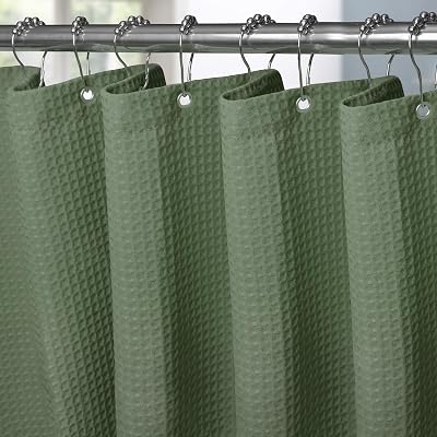 Shower Curtain 182x198cm Green with Metal Hooks Waffle Fabric
