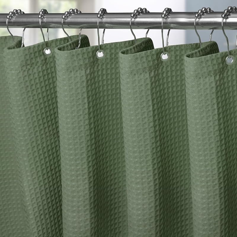 Shower Curtain 182x198cm Green with Metal Hooks Waffle Fabric
