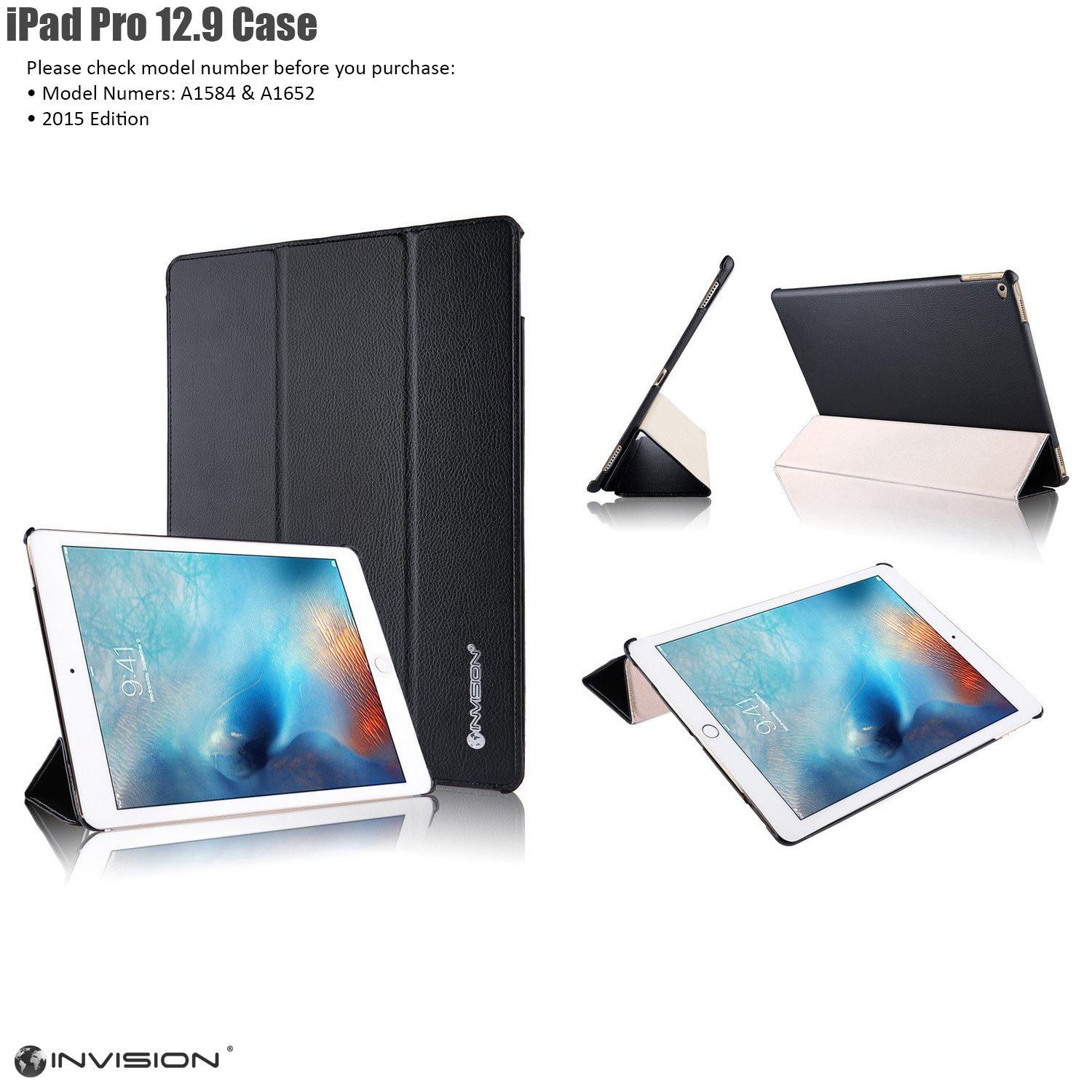 Invision iPad Pro Smart Case Cover for Apple 12.9 Inch iPad Pro Tablet 2015 Edition (Black Pro 12.9)
