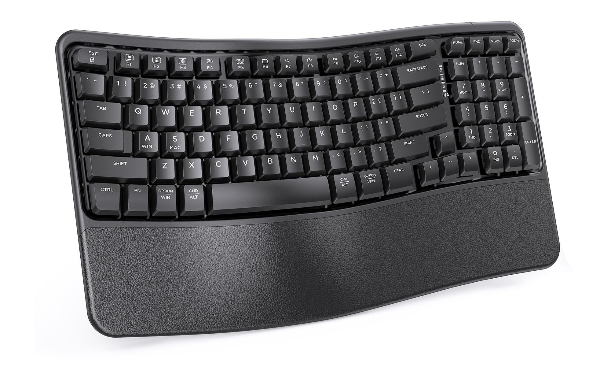 Photo 1 of seenda Wireless Ergonomic Keyboard with Cushioned Wrist Rest, COE311 USB+Type-C+Bluetooth Multi-Device Rechargeable Keyboard, Wave Keys, Compatible for Windows/macOS/PC/Laptop/MacBook/iPad - Black