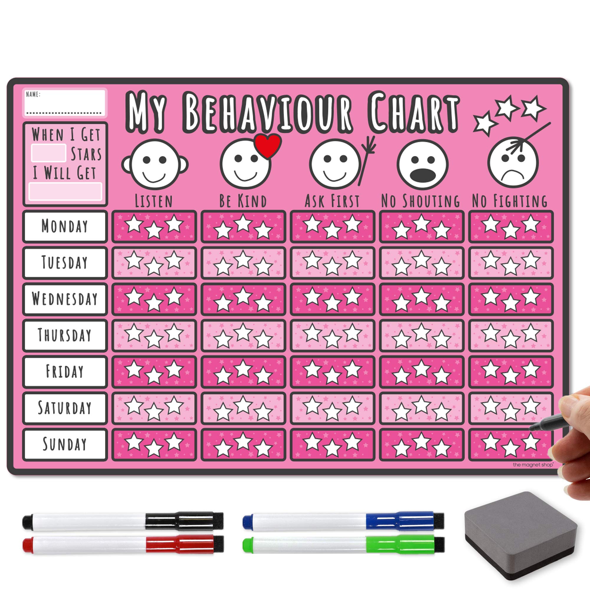 TMS Behaviour Chart for Children A3 | Magnetic Star Chart for Inspiring Good Behaviour in Toddlers and Kids, Boys and Girls | with 4 Magnetic Coloured Dry Wipe Pens! (Pink, Star Chart)