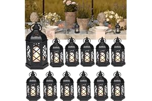 LLQ 12Pcs Mini Lantern with LED Candle, Small Black Lanterns Decorative for Halloween Decorations, Christmas Table Centerpiece, Flickering Candle Holders for Diwali Wedding Medieval Decor, Ornaments