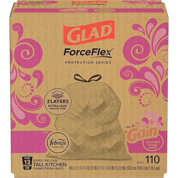 GLAD TRASH & FOOD STORAGE FORCEFLEX PROTECTION SERIES TALL TRASH BAGS, 13 GAL, GAIN MOONLIGHT BREEZE WITH FEBREZE, 110 CT (PACKAGE MAY VARY), WHITE (79261)