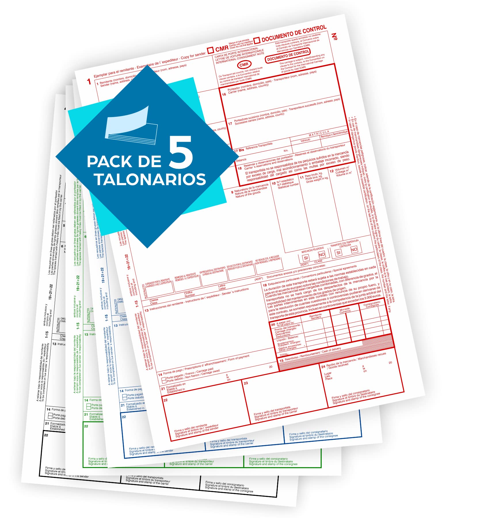CMR - Pack of 5 Books - International Transport - Autocopies - 4 Numbered Copies…, Red, Blue, Green, Black