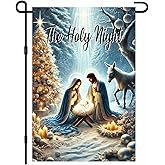 BlissYard Holy Night Nativity Scene Garden Flag 12x18 Inch Welcome Yard Flag Double Sided Christmas Outdoor Banner with Mary Joseph Baby Jesus and Donkey for Religious Porch Lawn Display