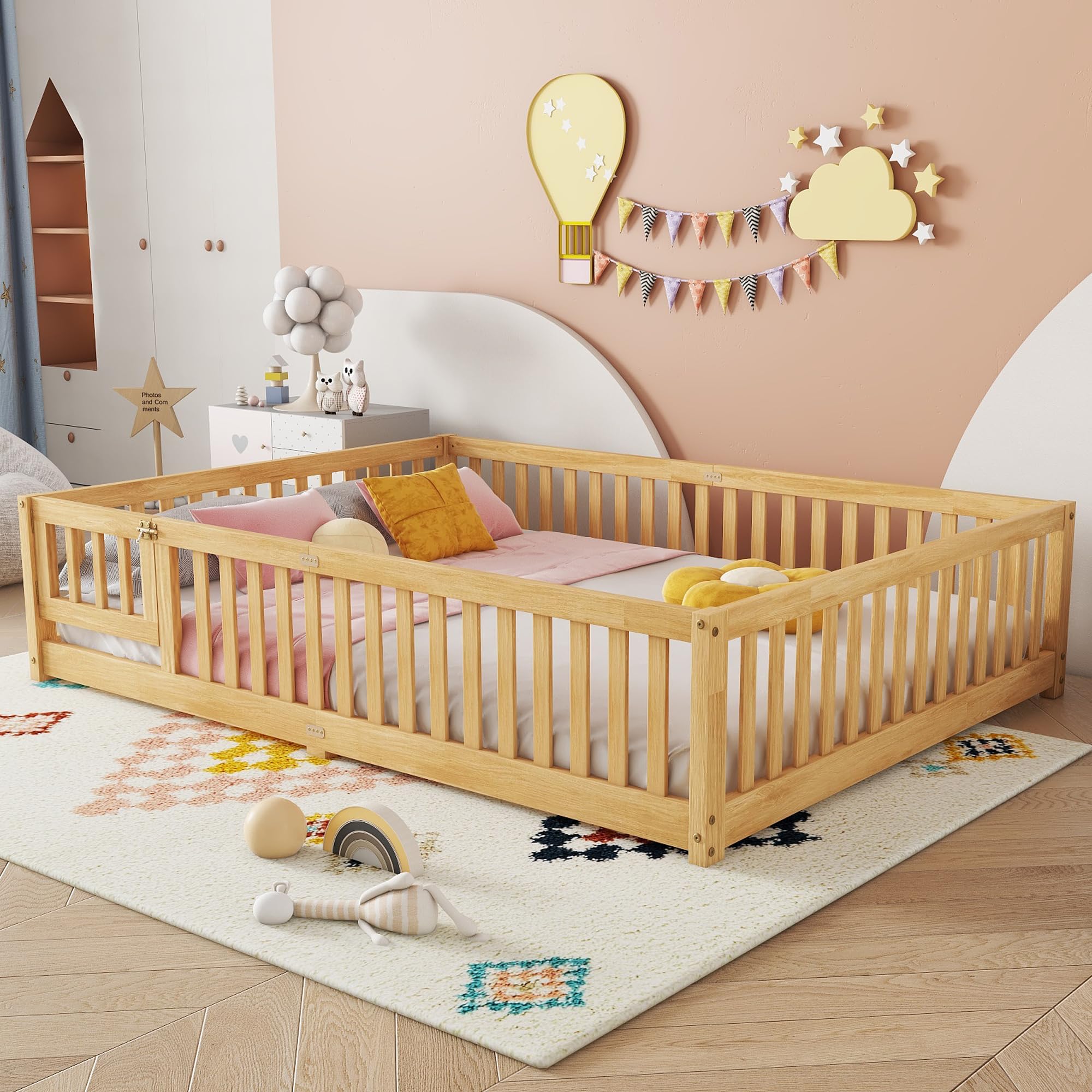 Photo 1 of Bellemave Queen Size Floor Bed Frame with Slats and Safety Guardrail, Wood Queen Size Montessori Floor Bed with Door and Fence, Easy Assemble Montessori Beds for Kids, Girls, Boys, Natural