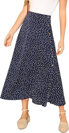 SheIn Women's Polka Dot A-Line Button Side Split Midi Knee Length Skirt Large Navy