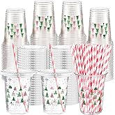 Funnymoom 50 Sets Christmas Disposable Plastic Cups Bulk with Lids Straws 16 oz Pink Green Xmas Tree Plastic Cups Cold Beverage Drinking Container for Xmas Holiday Juice Hot Cold Drinks
