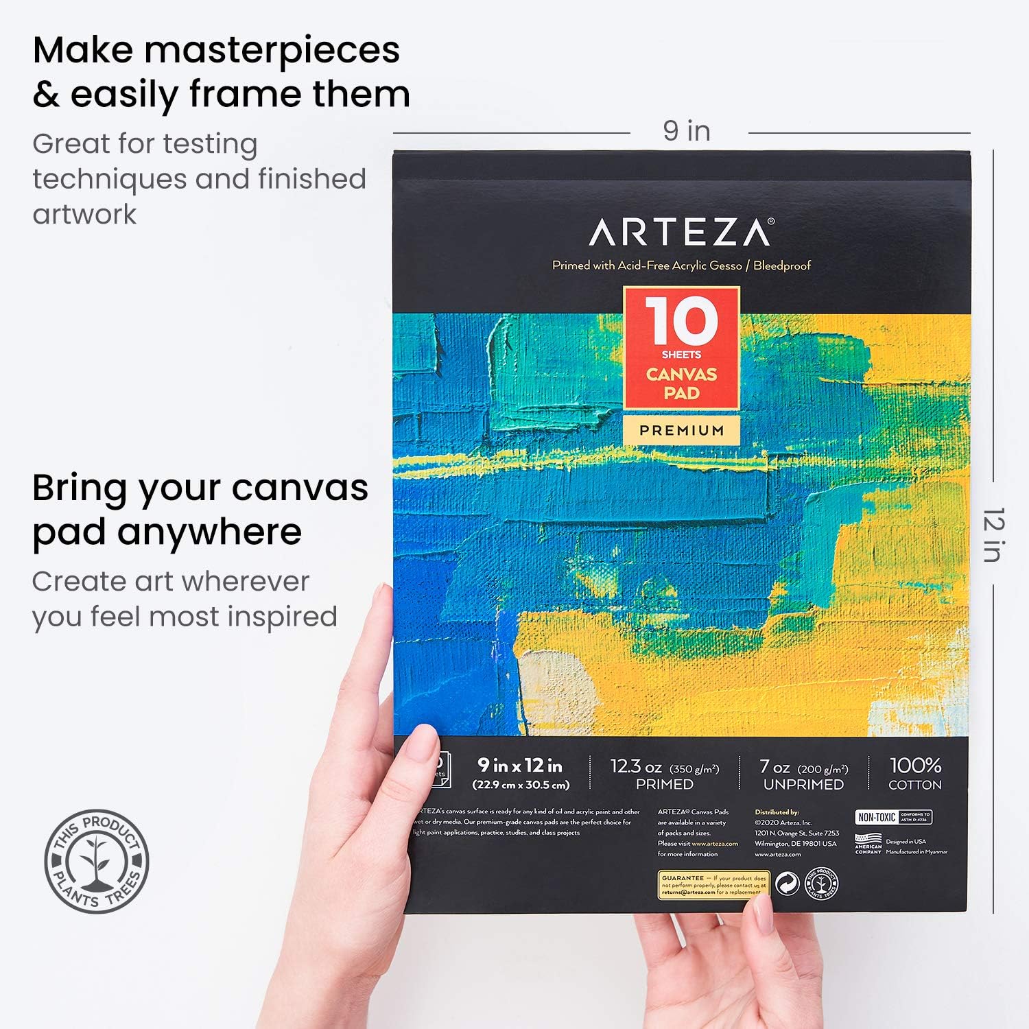 Arteza 9x12” Canvas Pad, 2 Pack, 20 Sheets, 100% Cotton, Primed with Acid-Free Gesso, Glue-Bound Pad of Canvas Paper for Acrylic Painting or Oil Paint, Ideal for Painting and Mixed Media