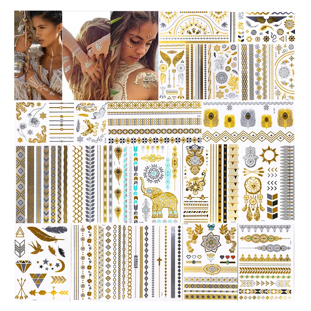 URAQT Metallic Tattoos, 20 sheets Temporary Tattoo Paper with 200 Designs, Waterproof Removable Gold Silver Fake Jewelry Body Art Sticker for Adults and Kids