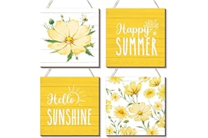 Purpeak 4 Pcs Wall Decor Sign Rustic Wood Decor Farmhouse Welcome Wall Hanging Plaque Wooden for Home Front Door Kitchen Office School, 7.87 x 7.87 Inch (Summer)