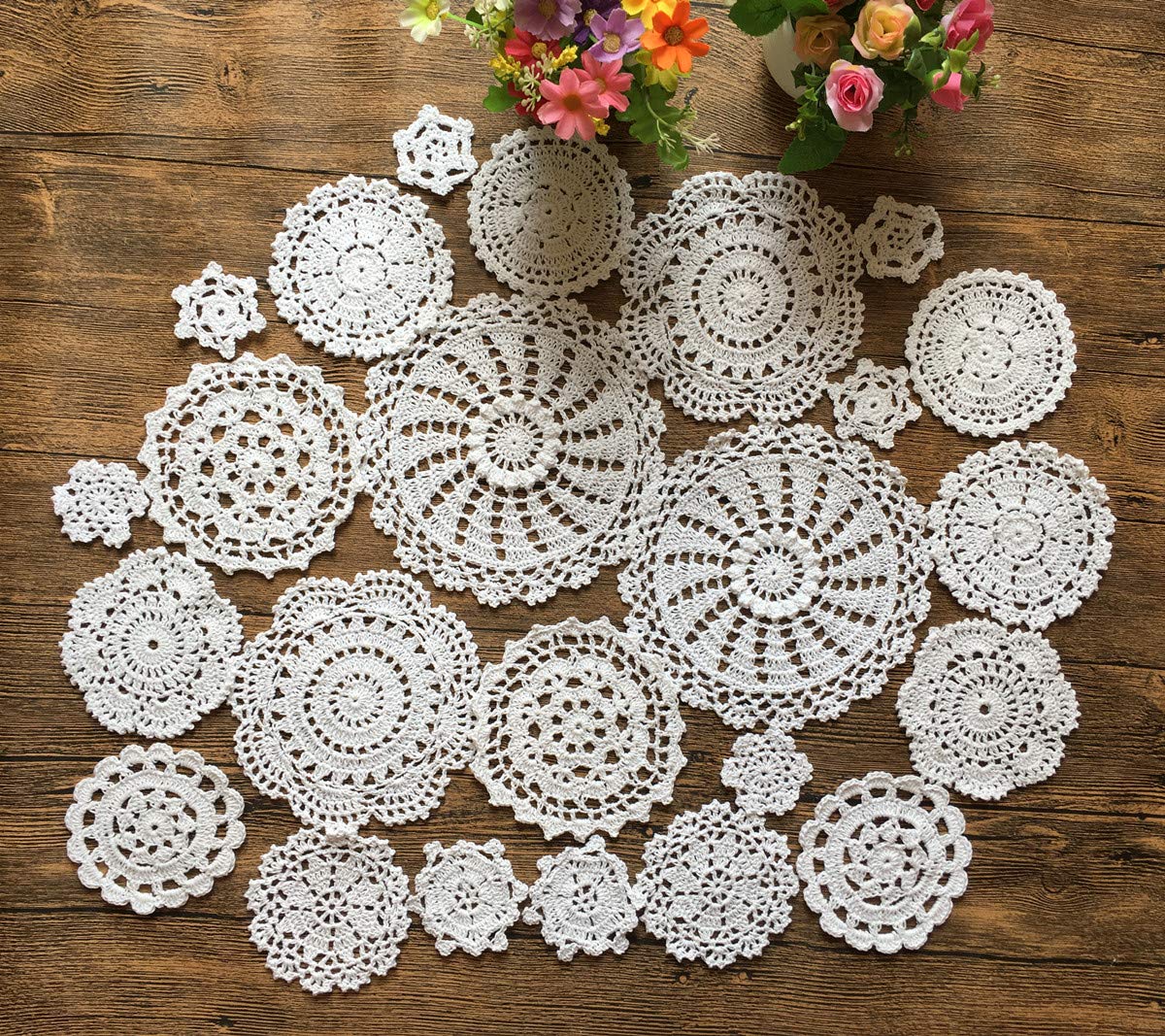 MINDPLUS Set of 24 Hand Crochet Doilies Cotton Crocheted Lace Doilies Placemat 2-7 Inches Round White Vintage (24pcs White)