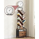 HIGDBFE 6-Tier Tree Bookshelf with Wall Clock and Fabric Drawer, Small Narrow Floor Standing Bookcase for Bedroom, Living Roo