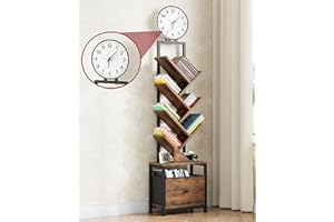 HIGDBFE 6-Tier Tree Bookshelf with Wall Clock and Fabric Drawer, Small Narrow Floor Standing Bookcase for Bedroom, Living Roo