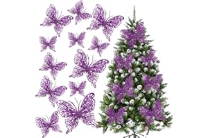 LWINGFLYER Purple Glitter Butterfly Decorations Christmas Tree Butterfly Ornaments Halloween Artificial Butterflies with Clip & Stem for Xmas Party Wreath Garland Decor - 12-Pack 5inch 3D Hollow Butterflies
