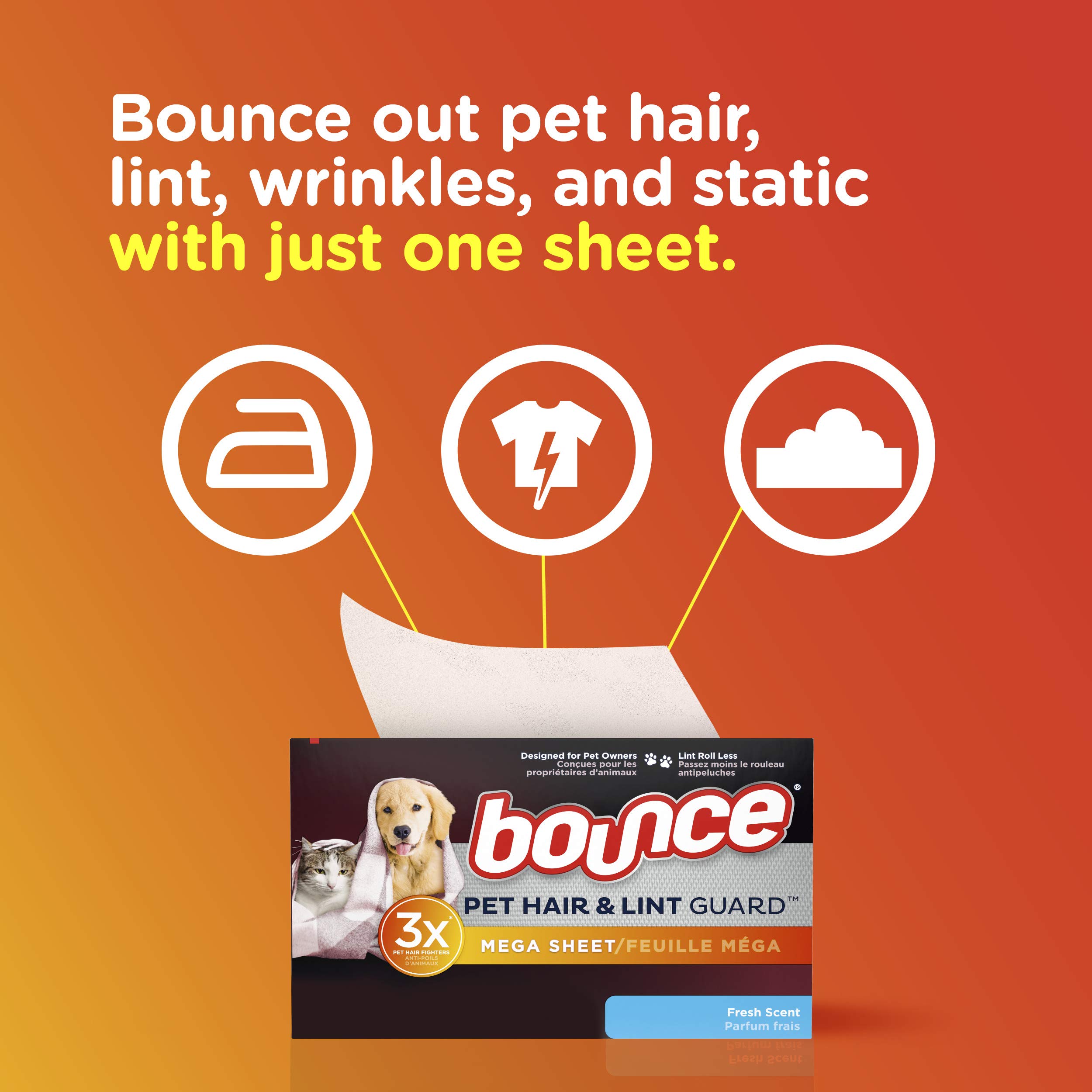 bounce Pet Hair and Lint Guard Mega Dryer Sheets with 3X Pet Hair