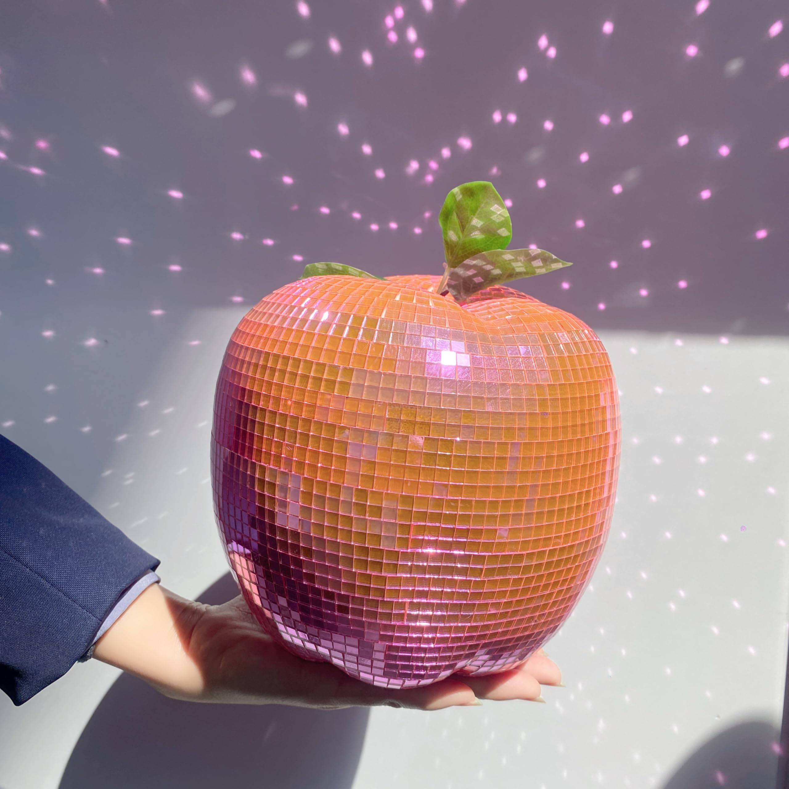 Photo 1 of MFGDISCO Apple-Shaped Reflective Disco Ball Decor with Chain, Reflects Light, 7" Hanging Sparkling Mirror Ball Ornament Decor, for Home Party, Room, Courtyard, Handmade Gift, Pink