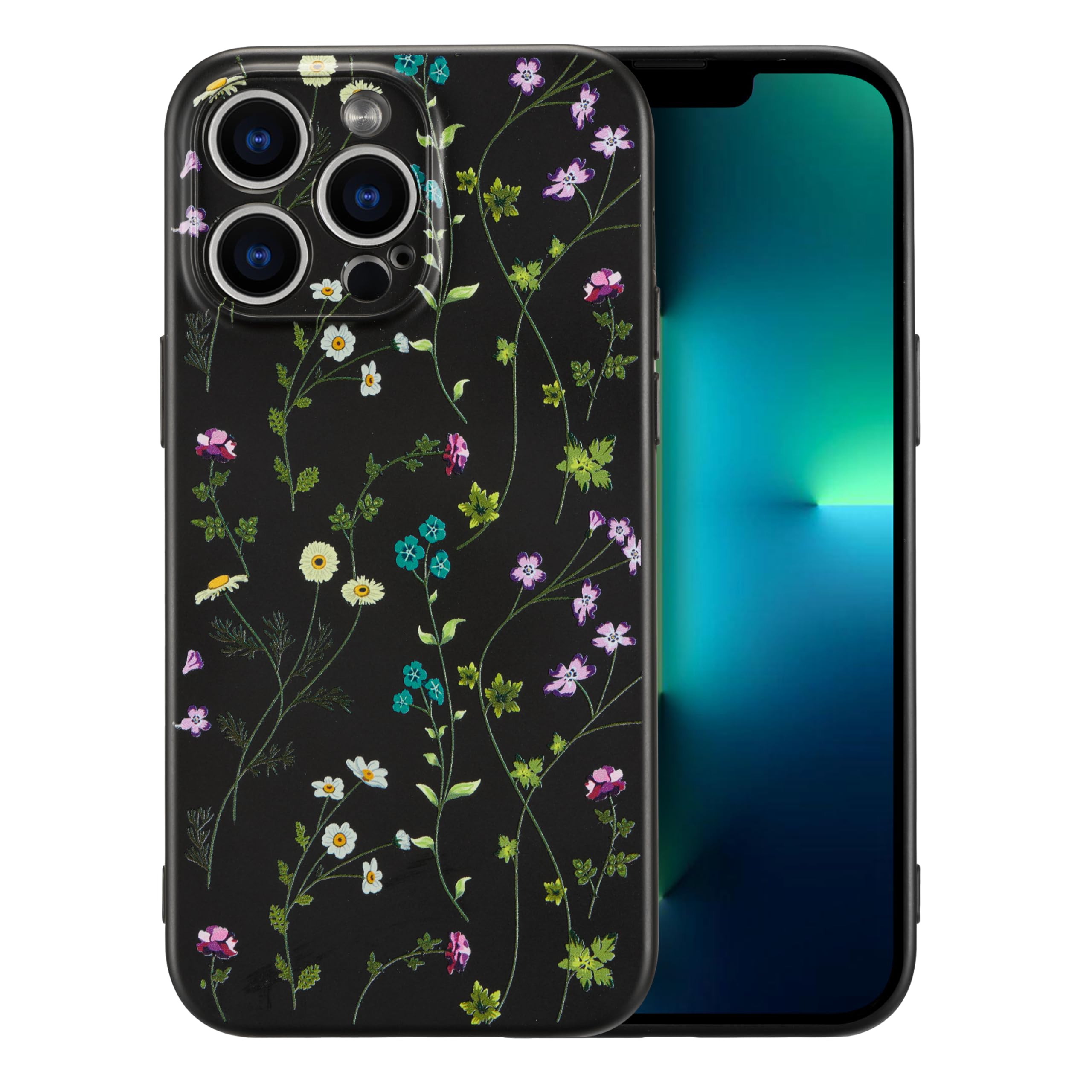 RALEAVO Flower Case for iPhone 13 Pro, Liquid Silicone Shockproof Protection Case Cover for Girls Women with Aesthetic Cute Floral Patterns Soft Slim Phone Case for iPhone 13 Pro 6.1"-Black — image 1