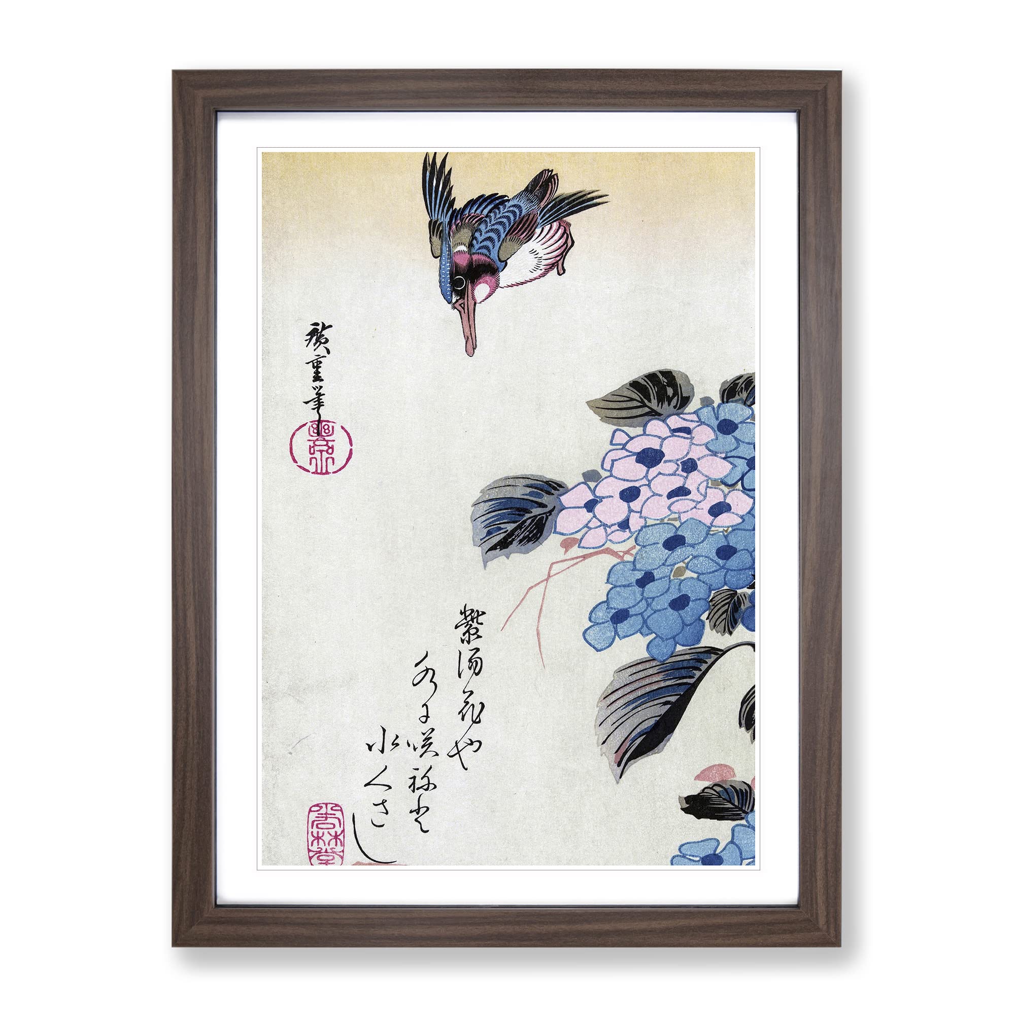 Hiroshige Hydrangea And Kingfisher Asian Japanese Framed Wall Art Print, Ready to Hang Picture for Living Room Bedroom Home Office Décor, Walnut A3 (34 x 46 cm)