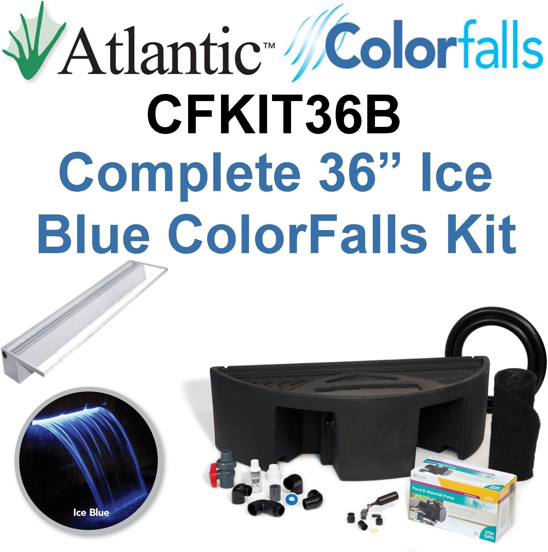 Atlantic Water Gardens CFKIT36B Complete Ice Blue Colorfalls Lighted Falls Kit - 36" Spillway, Basin, Pump, Hose & Fittings