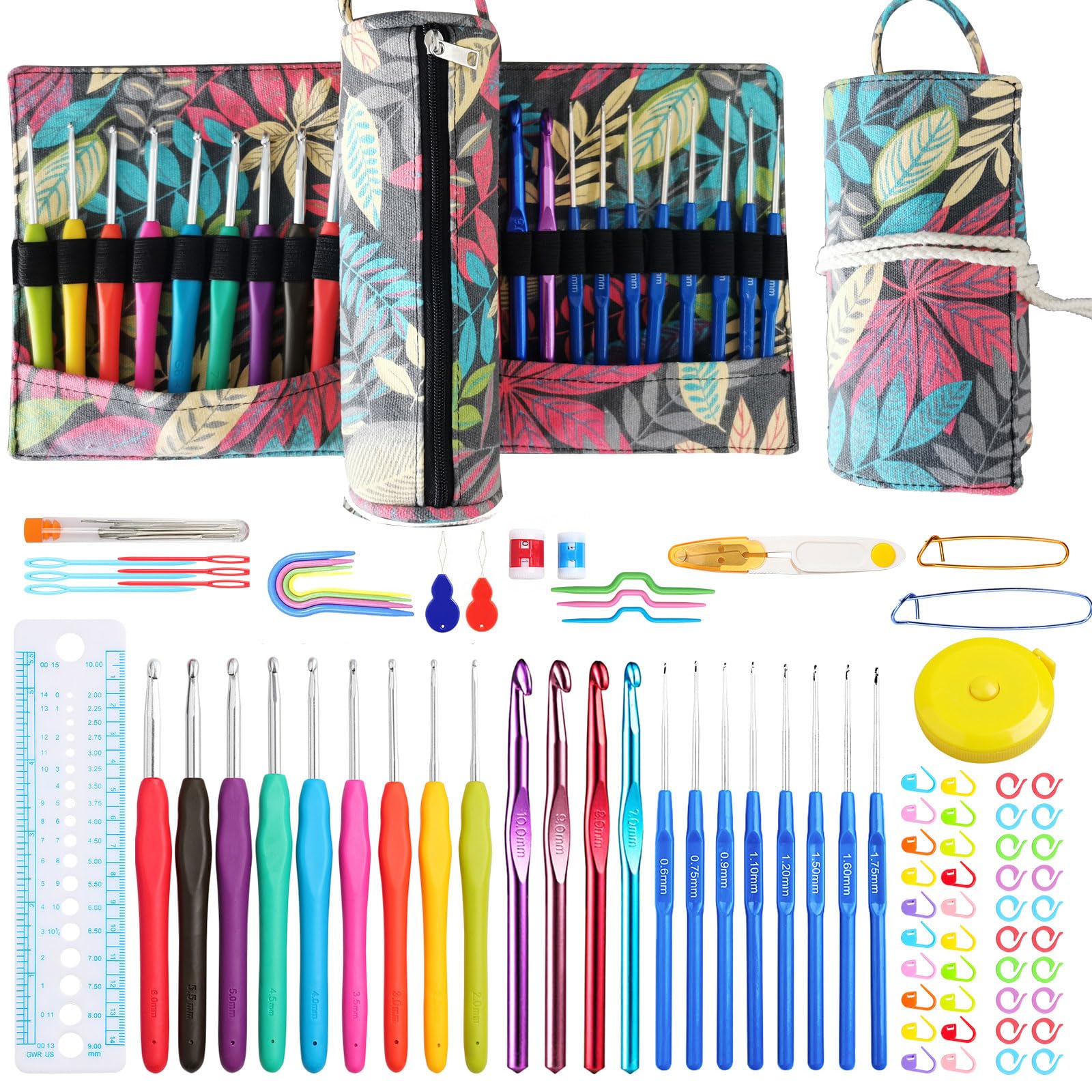JOZEA Crochet Sets, Cylindrical Shape Crochet Hooks Set, Colourful Ergonomic Handles Crochet Hooks, Accessory Kit Crochet Hooks, with Portable Organiser Bag, Maple Leaf