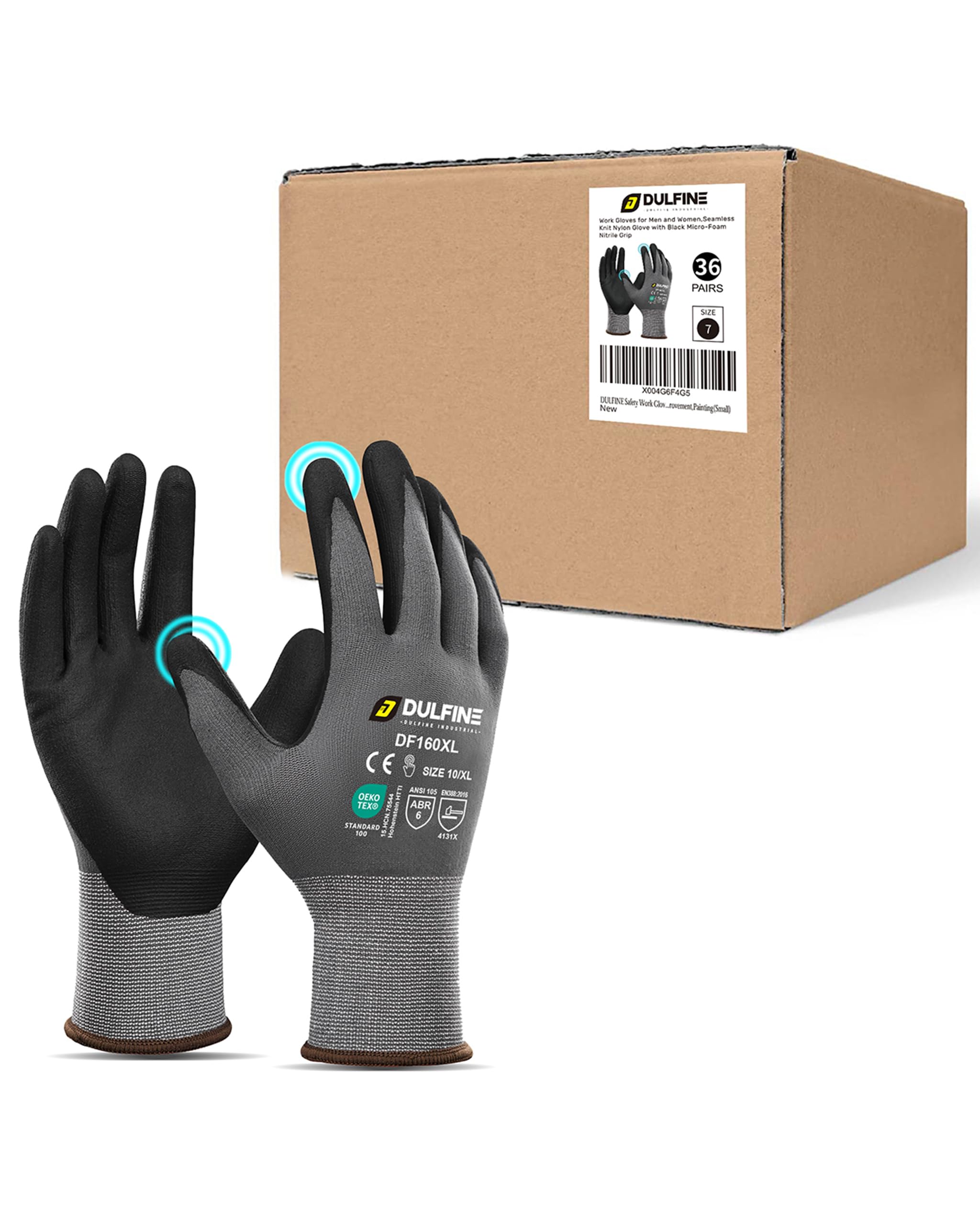 DULFINE Safety Work Gloves MicroFoam Nitrile Coated-36 Pairs Pack,Seamless Knit Nylon Glove with Black Micro-Foam Nitrile Grip,Ideal for General Purpose,Automotive,Home Improvement,Painting(XX-Large) Image