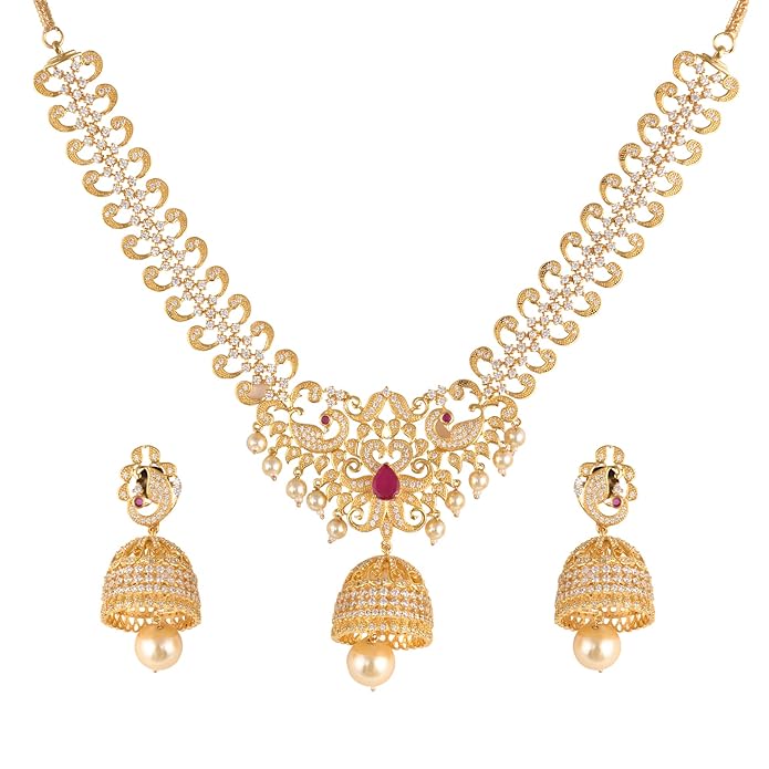 Buy Saraf RS Jewellery Beautiful Gold Temple Design Necklace with Jhumka Earrings Set for Women