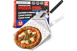 KitchenStar Perforated Pizza Peel 12 inch with 10 inch Folding Handle, Medium - Stainless Steel Spatula Paddle for Effortless