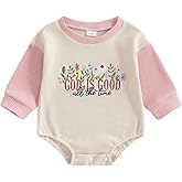 Doqcey Baby Girl Christian Clothes God is Good Flower Embroidery Bubble Romper Waffle Long Sleeve Bodysuit Fall Outfits