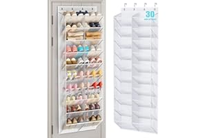 MISSLO 30 Pairs Over the Door Shoe Organizer Breathable Mesh Hanging Shoe Rack for Closet Storage with Wide Deep Pockets 10 Tier Shoes Holder Fit All the Family's Sneakers, Boots, Heels, White