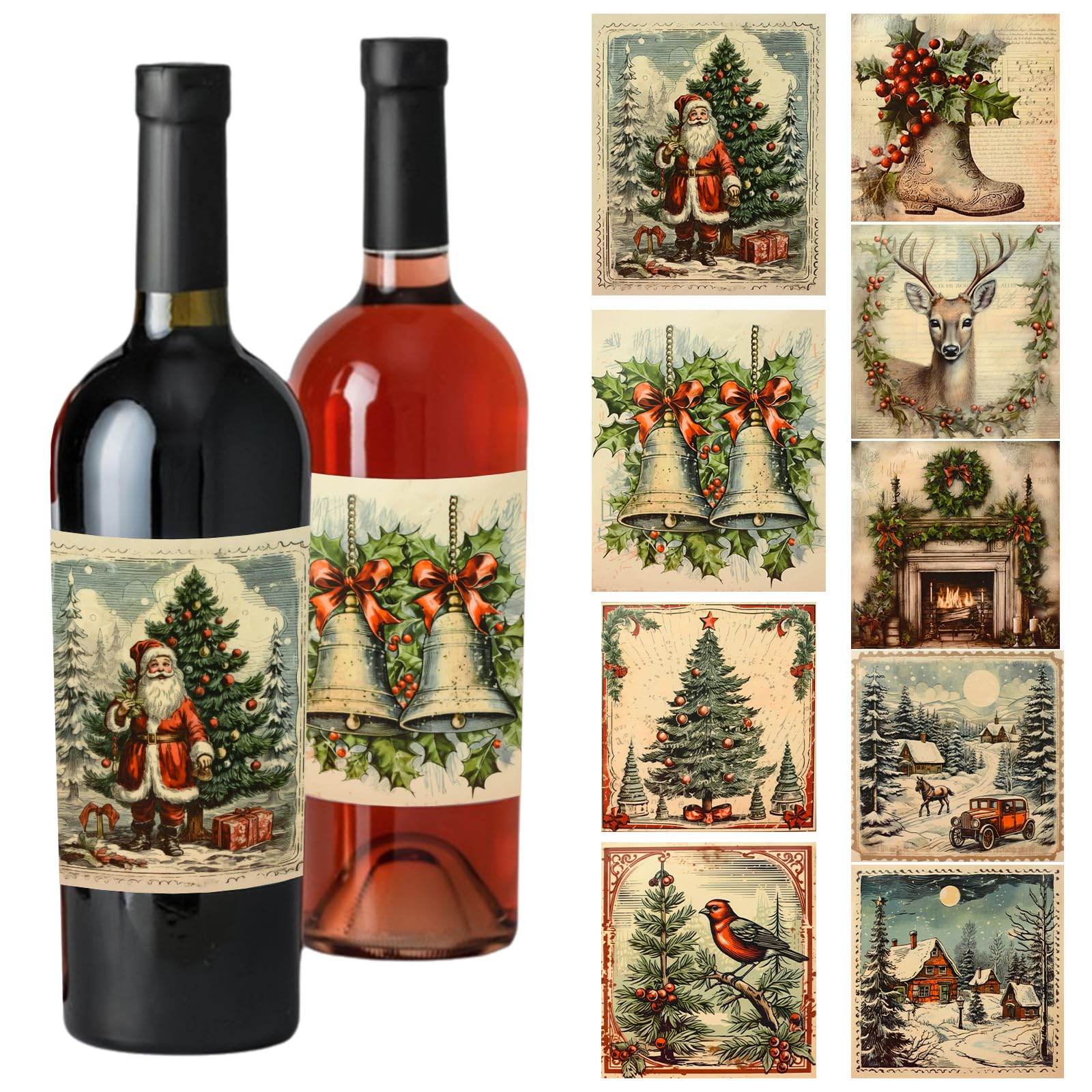 URROMA 45Pcs Merry Christmas Wine Bottle Labels 9 Designs Vintage Christmas Wine Bottle Stickers Drinks Wrappers for Party Favors Decor Supplies