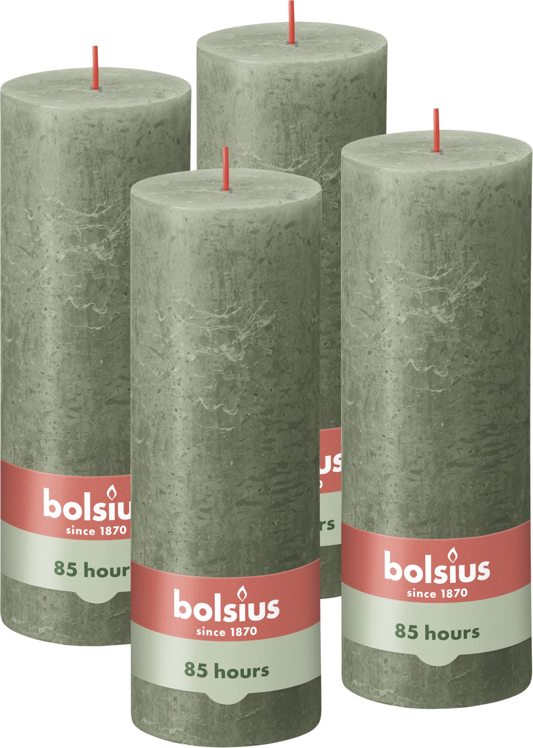 Bolsius Rustic Pillar Candle - Dark Green - Pack of 4 - Long Burning Time of 85 Hours - Household Candle - Interior Decoration - Unscented - Natural Vegan Wax - No Palm Oil - 19 x 7 cm