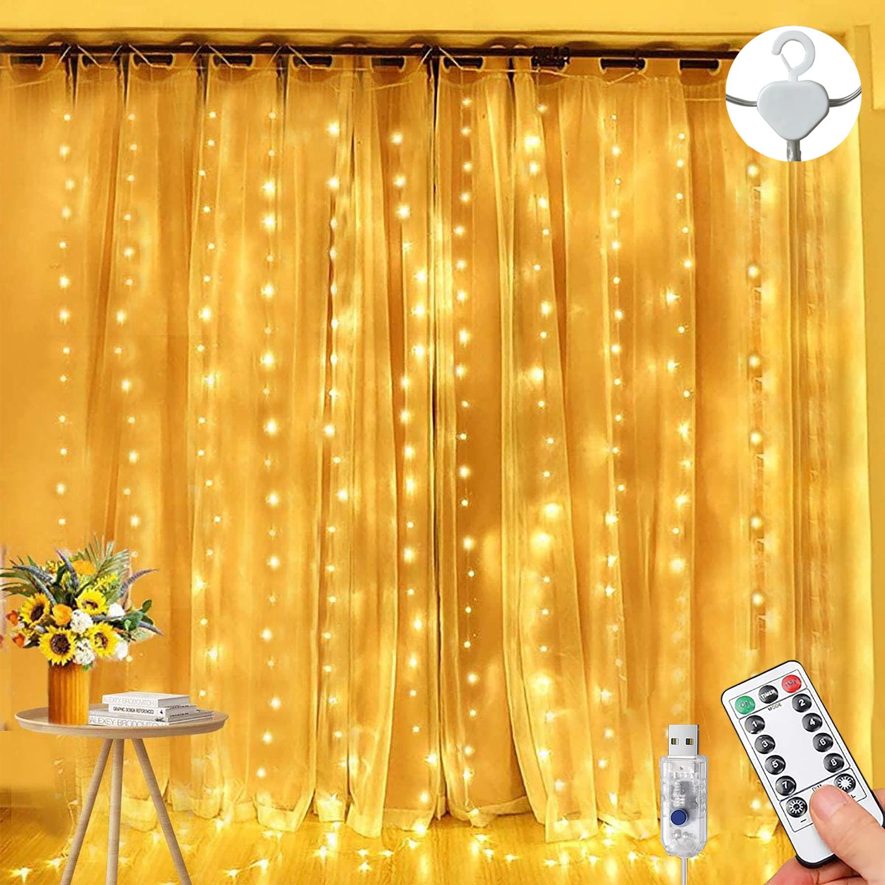Curtain Fairy Lights, 3m×3m 300LED Fairy Lights for Bedroom with 8 Modes Remote Control Timer Adjustable Brightness, String Lights for Bedroom, Garden, Party, Wedding Decorations (Warm White)