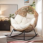Vongrasig Wicker Egg Chair PE Rattan Rocking Chair with Cushion, Oversized Patio Lounge Rocker Chair for Outdoor, Indoor, Balcony, Backyard, Garden, Beige