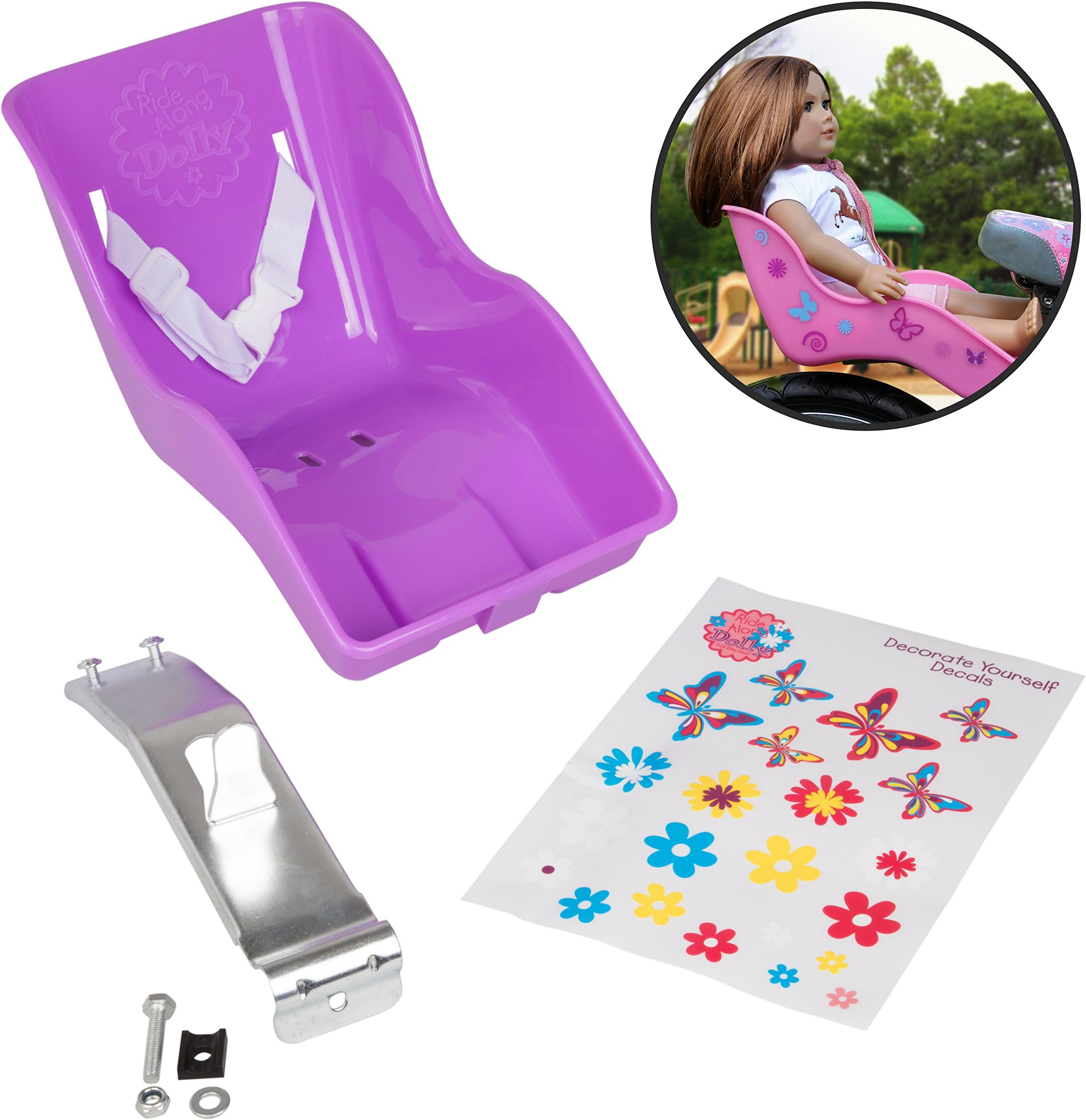 Doll Bicycle Seat - "Ride Along Dolly" Bike Seat (Purple) with Decorate Yourself Decals (Fits American Girl and Stuffed Animals)