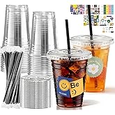 fanado 100 Pack 16oz Clear Plastic Cups with Lids and Straws & Stickers, Disposable Iced Coffee Cups with Lids, Clear Cups with above 100Pcs Stickers for Cold Beverages, Smoothies and To-Go Drinks