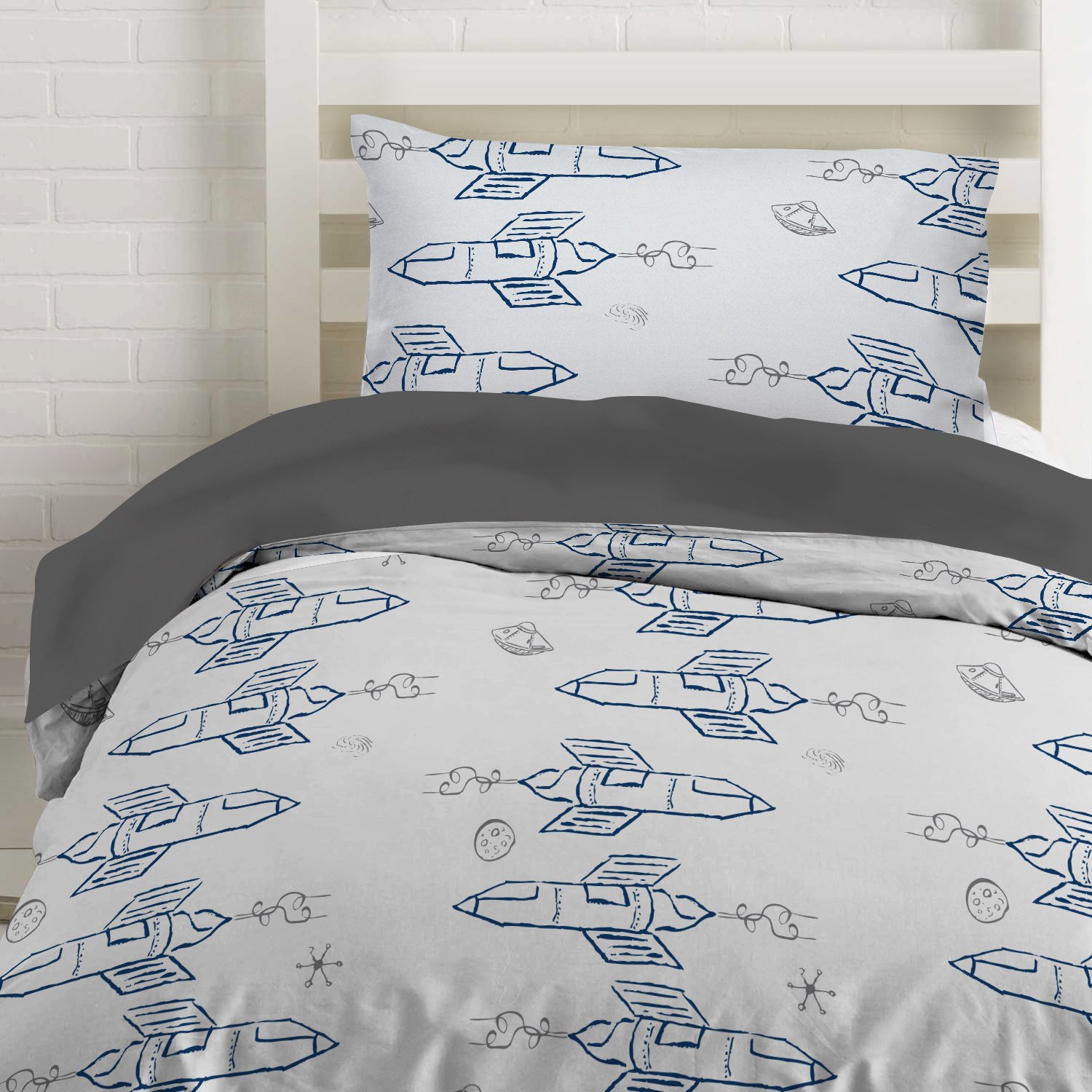Twin Rocket Ship Duvet Cover Set with 1 Pillowcase for Kids Bedding