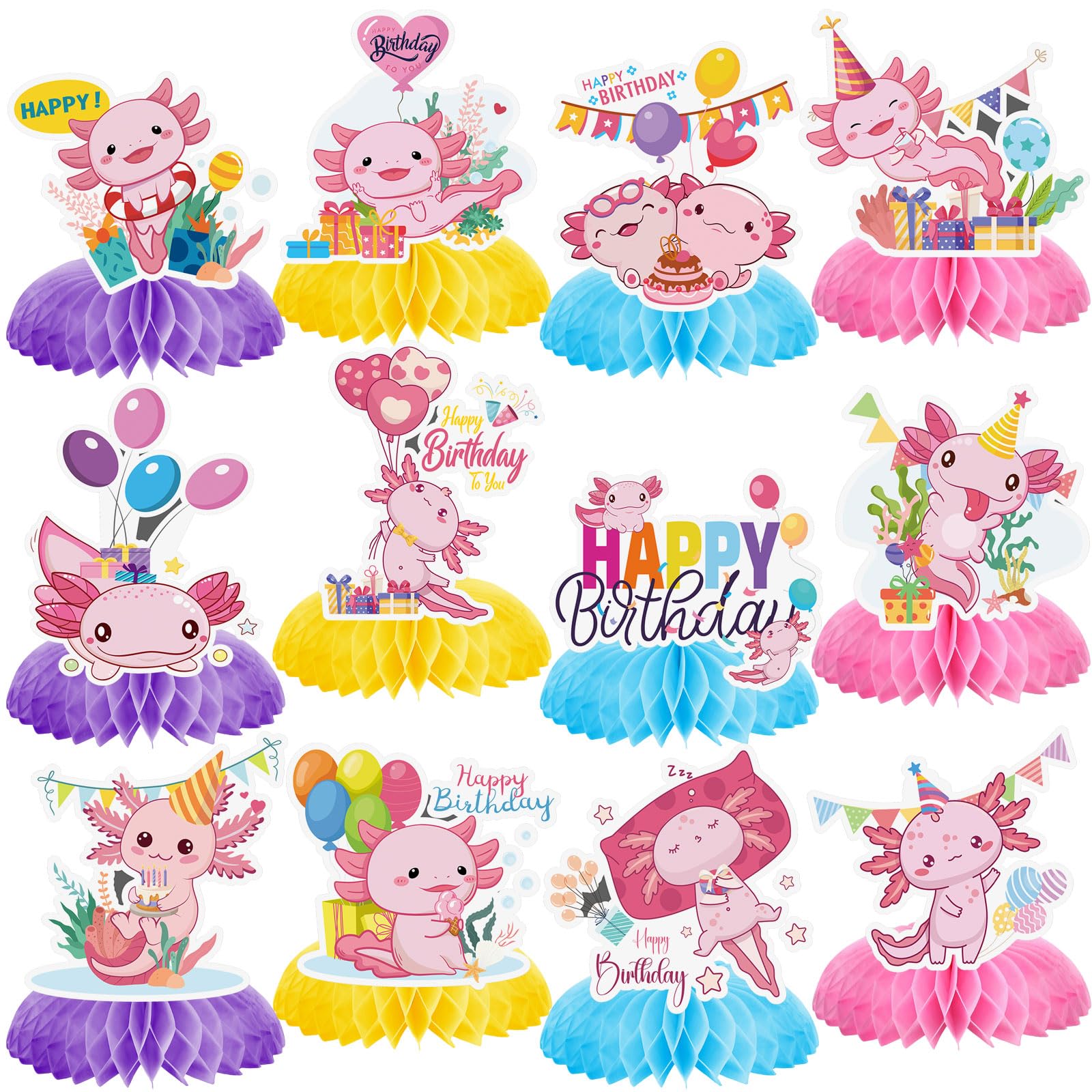 Photo 1 of 12 Pcs Axolotl Birthday Party Decorations Axolotl Honeycomb Centerpieces Table Decoration 3D Double Side Table Topper for Pink Birthday Baby Shower Party Supplies