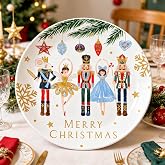FYSUIMU 8Pcs Merry Christmas Melamine Plates, Nutcracker Mouse Ballerina | 10 Inch, Pine Sprig Ball Ornament, Round Dinner Plate, Reusable, for Winter Holiday Xmas Party Tableware Supplies