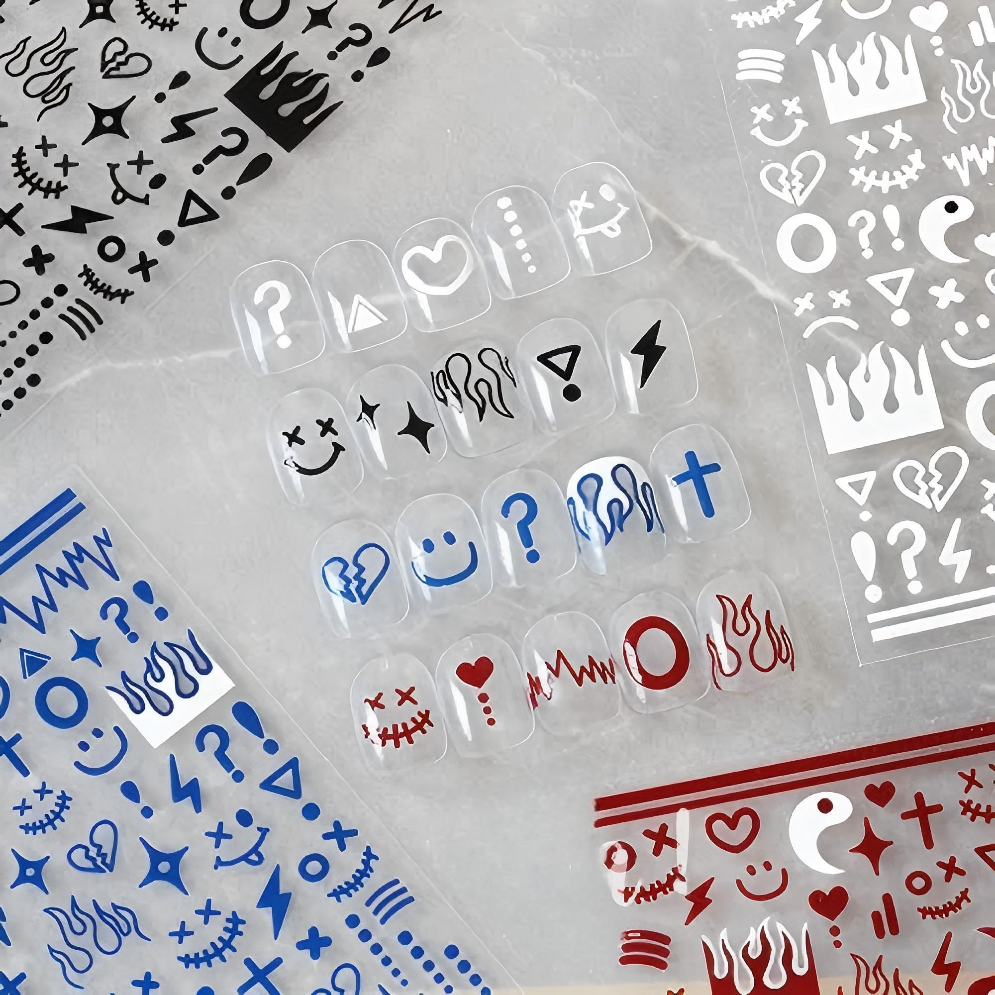 4 Colors ins Minimalist Style Nail Stickers, Simple Cat Love Stars Impressionist Drawing Line Stickers for Man Woman (4 Sheets)+Nail Sticker Specialized Tweezers